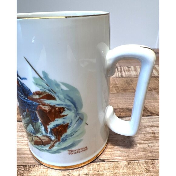 Norman Rockwell Braving The Storm Ceramic Mug 1985 Gold Trim 16 Oz Vintage Nauti - Picture 2 of 4